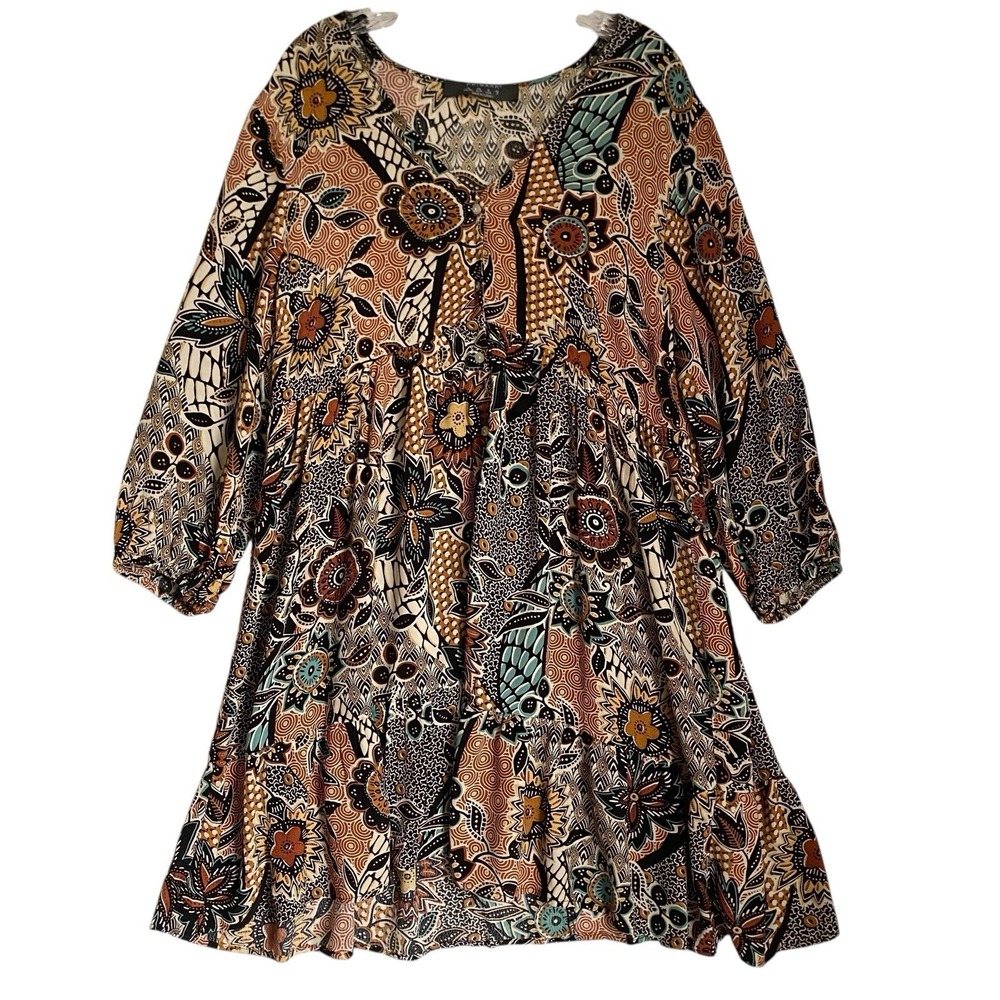 Shirt Dress US 10 Brown Floral V-neck Tiered Knee Length Boho Grunge Western - Picture 2 of 11